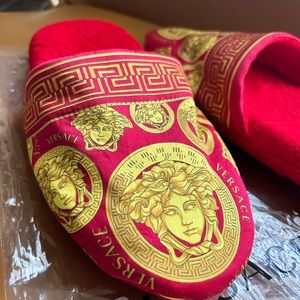 Versace towel, silk slippers
